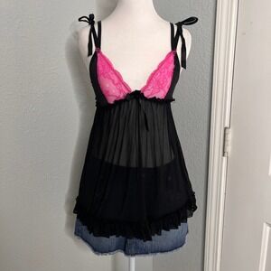Babydoll Lingerie Top Black Pink Lace Trim Ribbon Tie Straps‎ Sheer Y2k